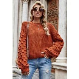 Playful Dotted Puff Sleeve Crop Sweater in Pumpkin | Chicwish