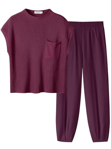 ANRABESS Women's Two Piece Outfits Knit Sweater Vest Crop Top Pants Lounge Matching Tracksuit Sweatsuit Travel Clothes Sets Burgundy X-Small | Amazon (US)