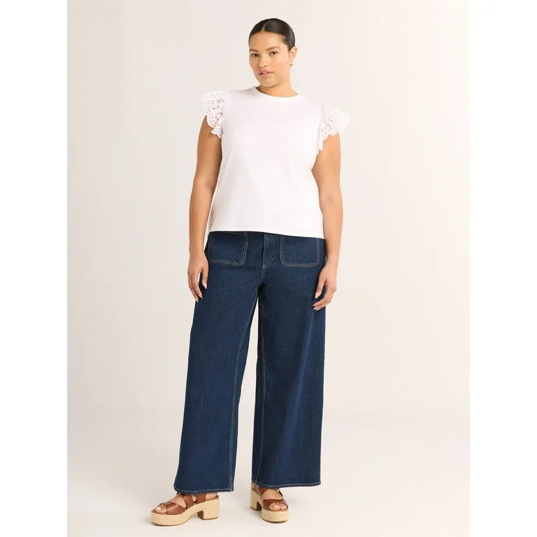 Free Assembly Women's and Women's Plus Eyelet Flutter Sleeve Tee, Sizes XS-4X | Walmart (US)