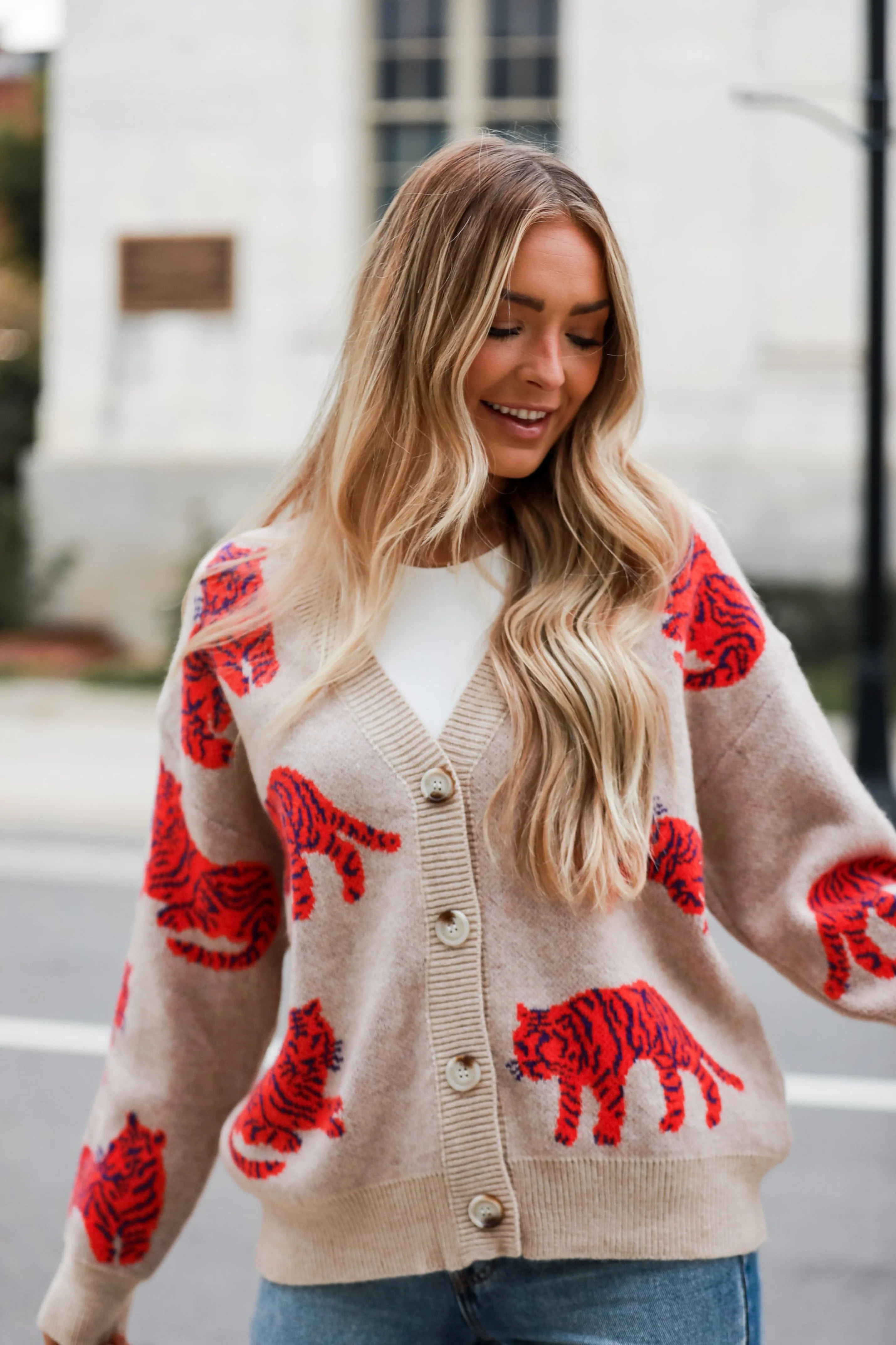 Wildly Styled Oatmeal Tiger Oversized Sweater Cardigan | Dress Up