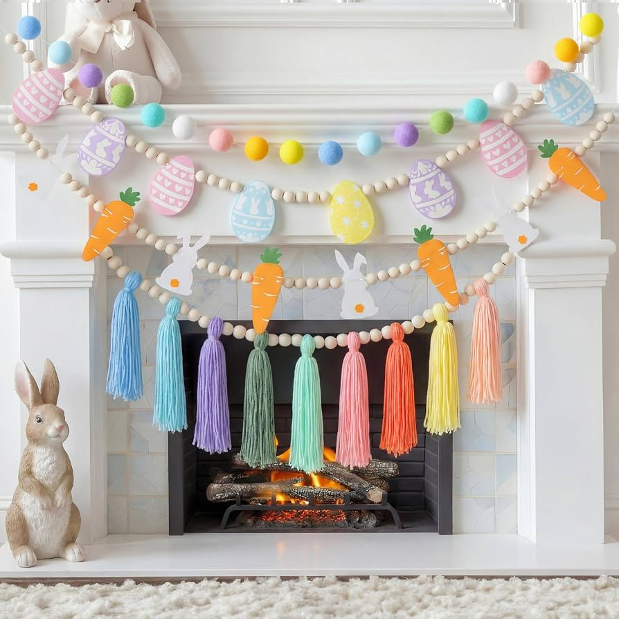 RattanView 4 Pcs Easter Banner Set Felt Spring Easter Hanging Garland Bunny Carrot Colorful Eggs ... | Amazon (US)