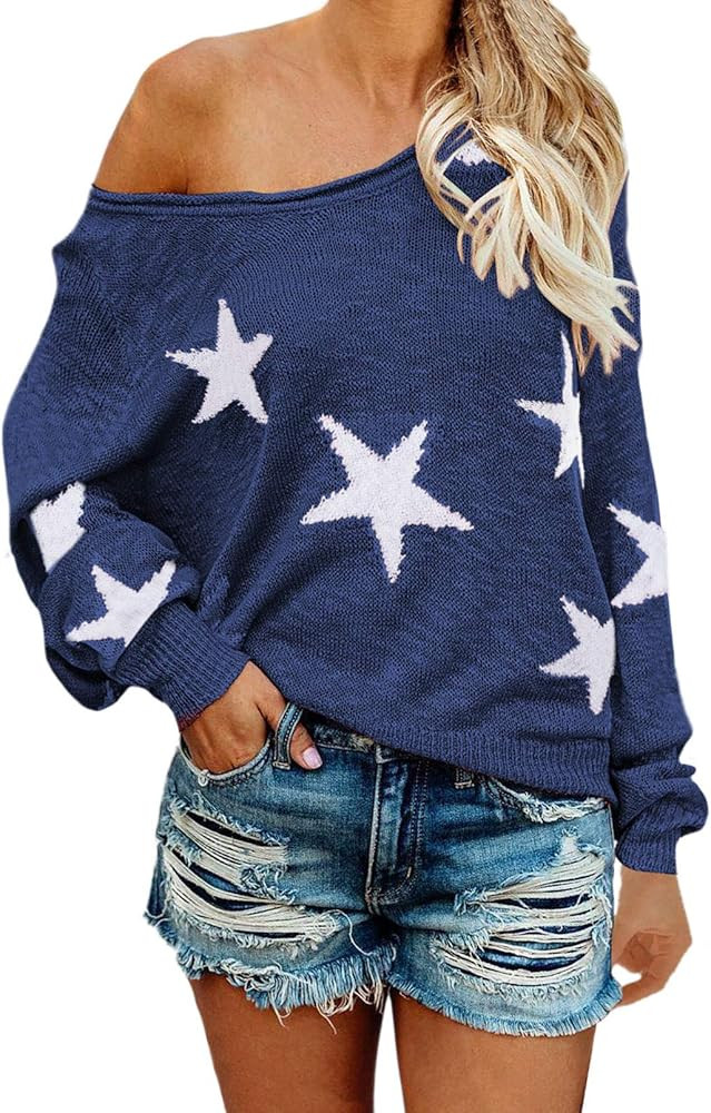 Selowin Women Casual Boat V Neck Long Sleeve Star Knit Top Pullover Thin Sweater | Amazon (US)