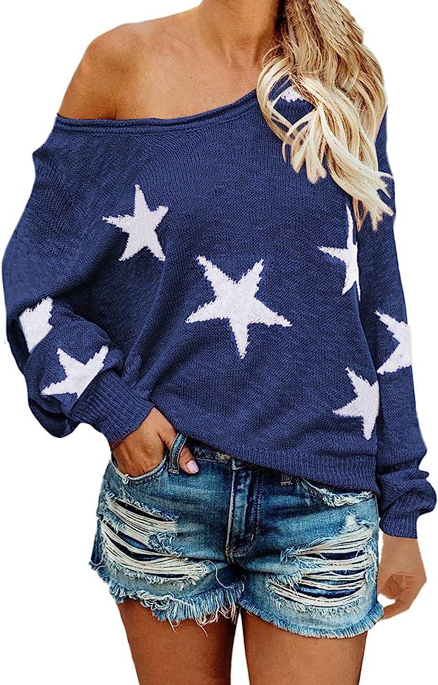 Selowin Women Casual Boat V Neck Long Sleeve Star Knit Top Pullover Thin Sweater | Amazon (US)