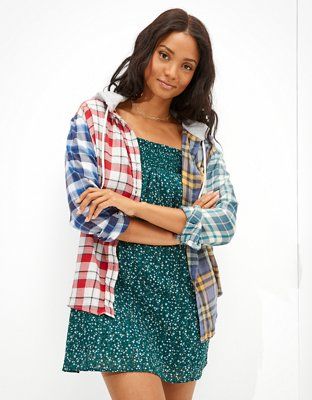 AE Oversized Hooded Flannel Shirt | American Eagle Outfitters (US & CA)