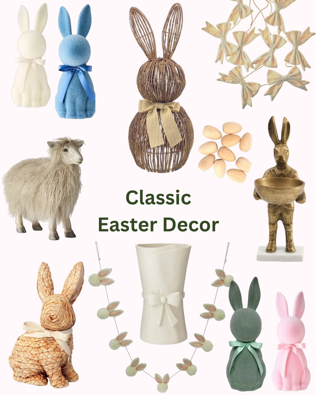 Create classic magic in your home this Easter Season with our timeless Easter Decor Mood Board. Use this Bunny Decor year after year when you pair them with wood eggs, bow garlands, woven spring decor and cream and gold. This classic Easter Decor will elevate your home and create a fresh feeling for your family. 
Classic decor includes: Flocked Bunnies, Woven Bunnies, Bunny Garland, Bow Garland, Sheep decor, Lamb Decor, Wooden eggs, Bow Vase and Gold + Marble Rabbit  


#LTKSeasonal #LTKFindsUnder50 #LTKHome