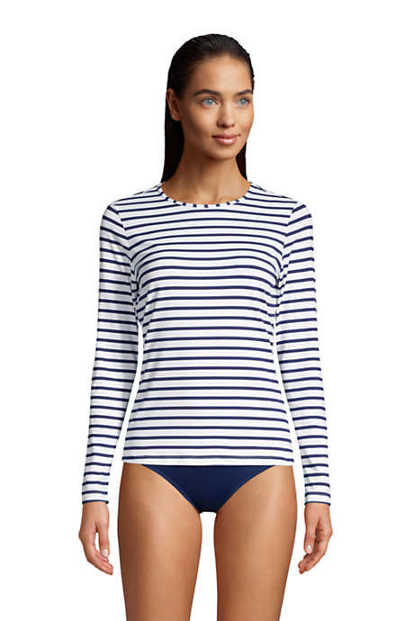 Women's Long Crew Neck Long Sleeve Rash Guard UPF 50 Sun Protection Modest Swim Tee Print | Lands' End (US)
