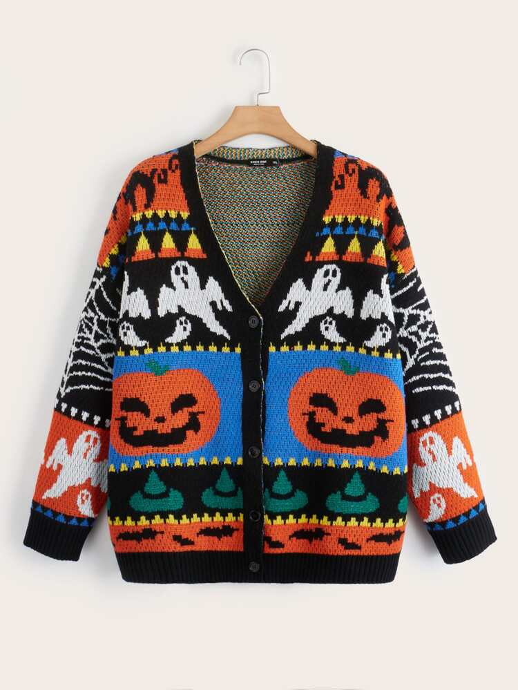 SHEIN Plus Halloween Pumpkin & Ghost Pattern Drop Shoulder Cardigan | SHEIN