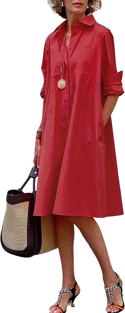 chouyatou Women's Spring Summer Button-Down Shirt Dress Loose A-Line Midi Shift Tunic Dress | Amazon (US)