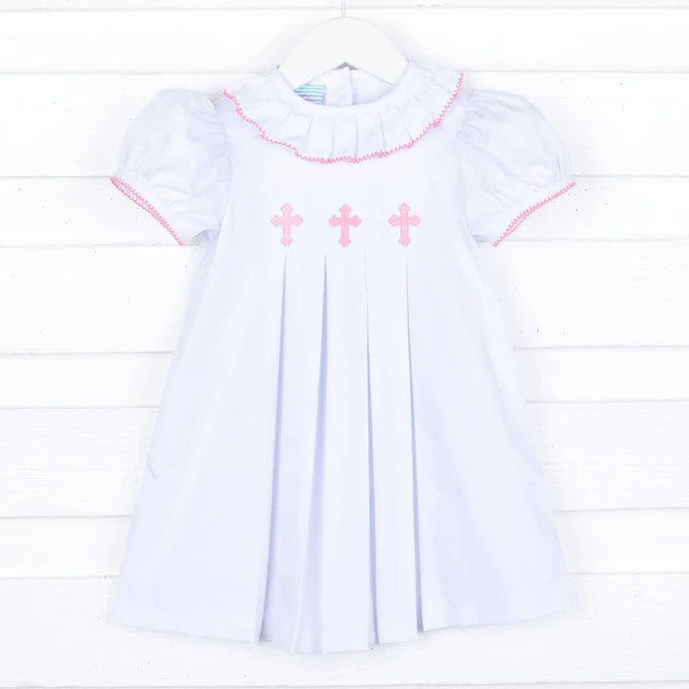 Pink Cross Pleated White Dress | Classic Whimsy
