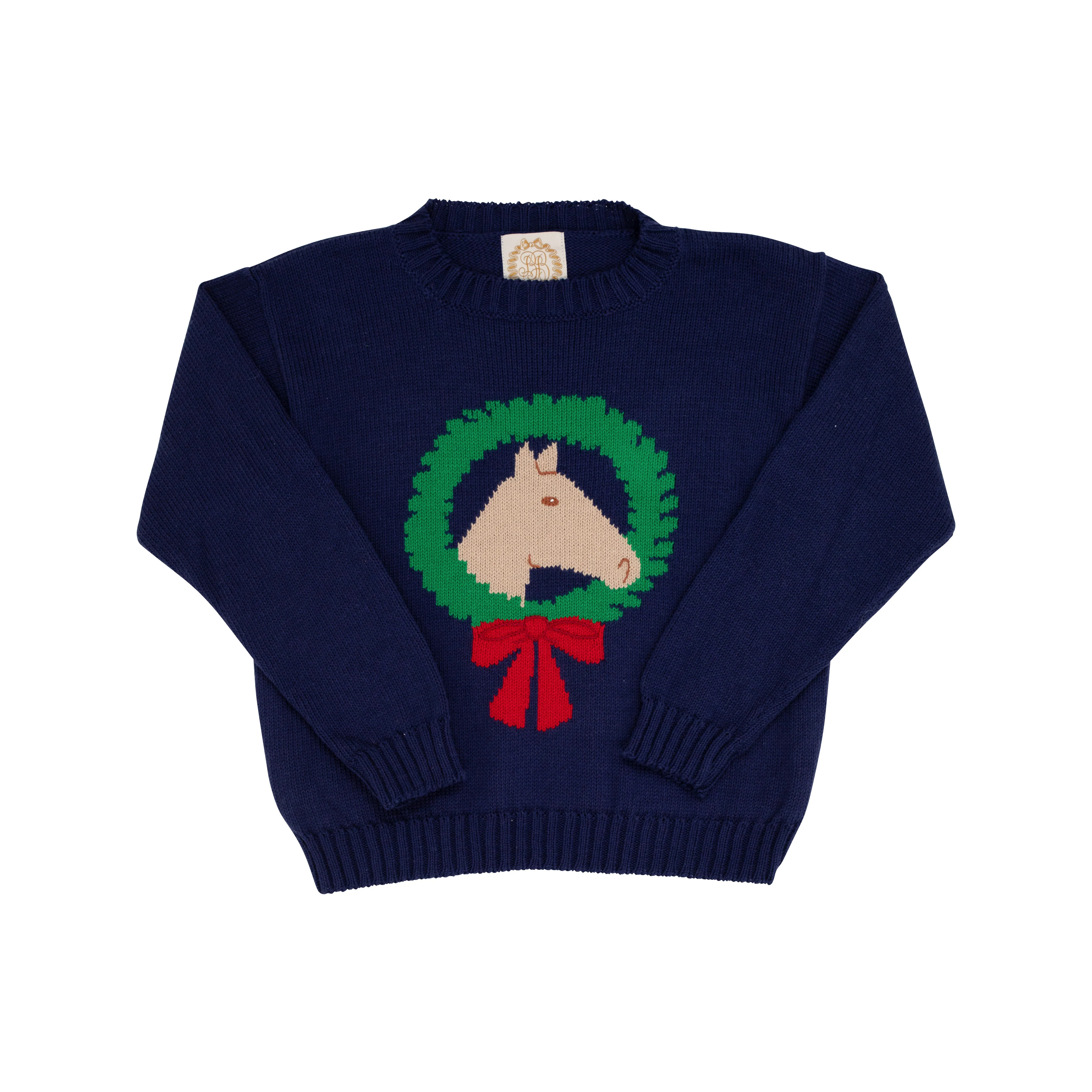 Isabelle's Intarsia Sweater - Nantucket Navy with Horse Intarsia | The Beaufort Bonnet Company