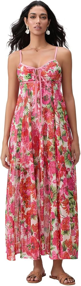 Women Y2k Summer Boho Maxi Dress Spaghetti Strap Bodycon Long Flowy Dress Tie-Up Pleated Cut Out ... | Amazon (US)