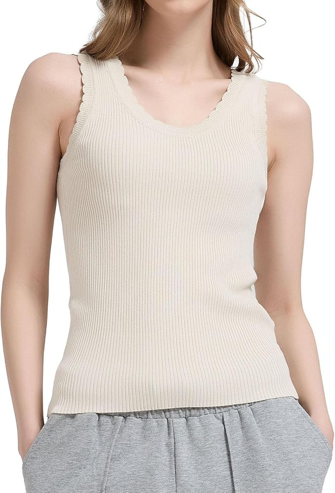 Orolay CHIIONE Womens Ribbed Tank Top Soft Knit Sweater Shirt Scalloped Trim Sleeveless Top Fitte... | Amazon (US)