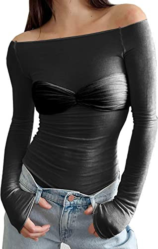 Women Off Shoulder Mesh Crop Tops Ruched Twisted Y2K Tshirt Long Sleeve Slim Fitted T-Shirts Crop... | Amazon (US)