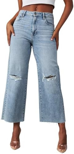Allimy Women's High Waisted Straight Ankle Wide Leg Ripped Jeans Frayed Hem Stretchy Capri Denim ... | Amazon (US)