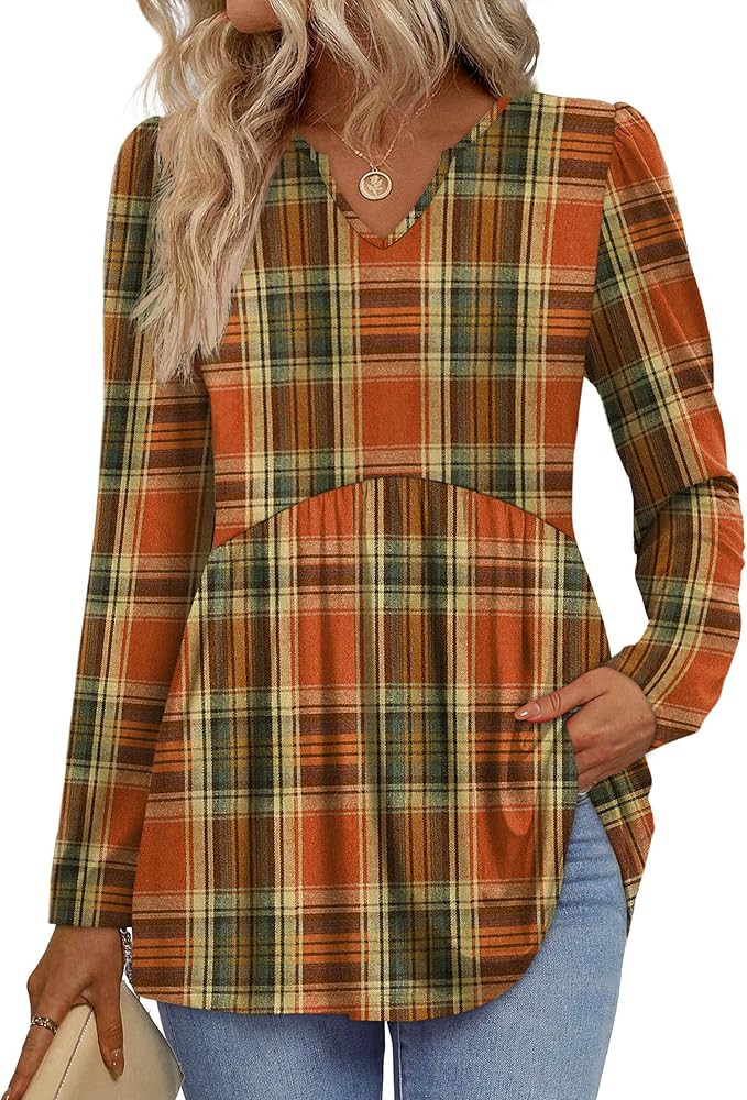 WIHOLL Womens Tops Long Sleeve Fall Shirts Babydoll Peplum Tops for Women V Neck Tunic Dressy Cas... | Amazon (US)