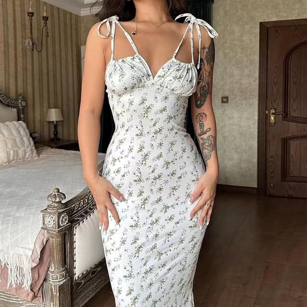 Women Floral Printed Spaghetti Strap Maxi Dress Long Dress Backless Tie Shoulder Mermaid Dress | Amazon (US)