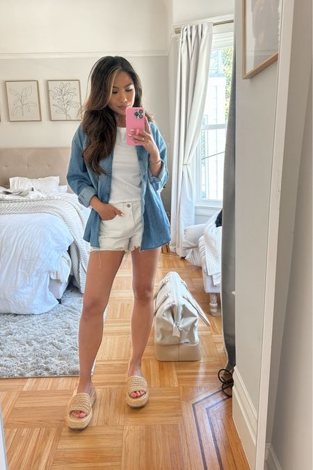 Casual outfit 🤍 

Chambray button up - oversized fit, tts wearing xs
Tee - sized up to Small
Shorts are older linked similar 
Platform slides - so comfy they run big I sized down 1/2 size 