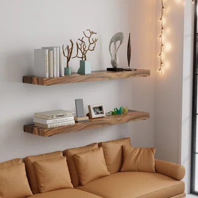 Set of 2 Walnut Solid Reclaimed Wood Floating Shelves - 3 inch Long, Live Edge Design, Wall Mounted with Heavy-Duty Invisible Brackets, Perfect for An | Wayfair North America