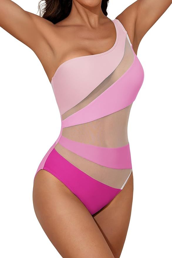 B2prity Women's One Piece Swimsuits One Shoulder Slimming Bathing Suit Tummy Control Colorblock S... | Amazon (US)