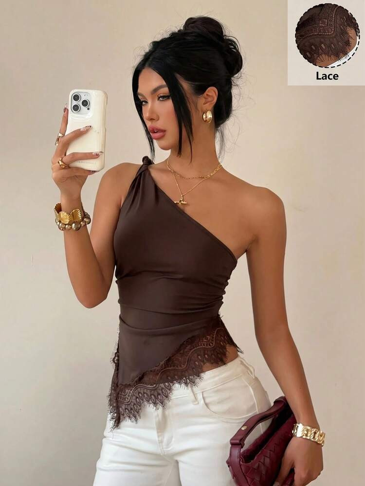 Siren Gaze Lace Patchwork Twist Knot One Shoulder Top, Elegant Fitted Women's Carnival Casual Sum... | SHEIN