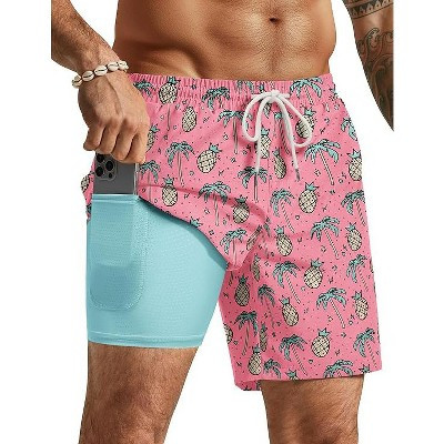 COOFANDY Mens Swim Trunks with Compression Liner Quick Dry 7 Inch Bathing Suit Beach Short with Zipper Pockets Pink Pineapple L | Target