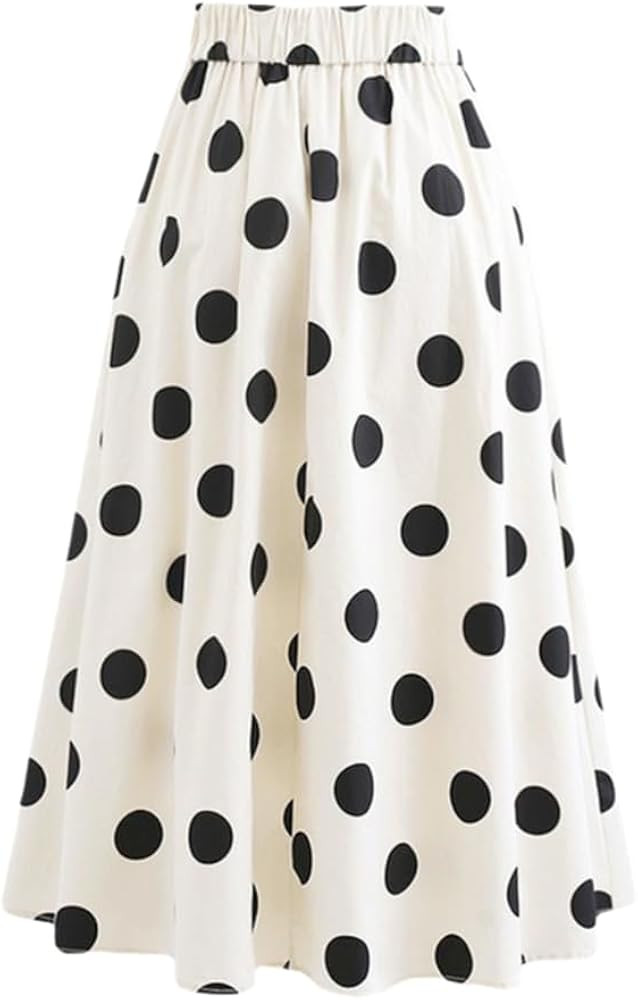 THLAI Women Midi Skirt Polka Dot High Waist Flowy A-Line Flare Pleated Skirt | Amazon (US)