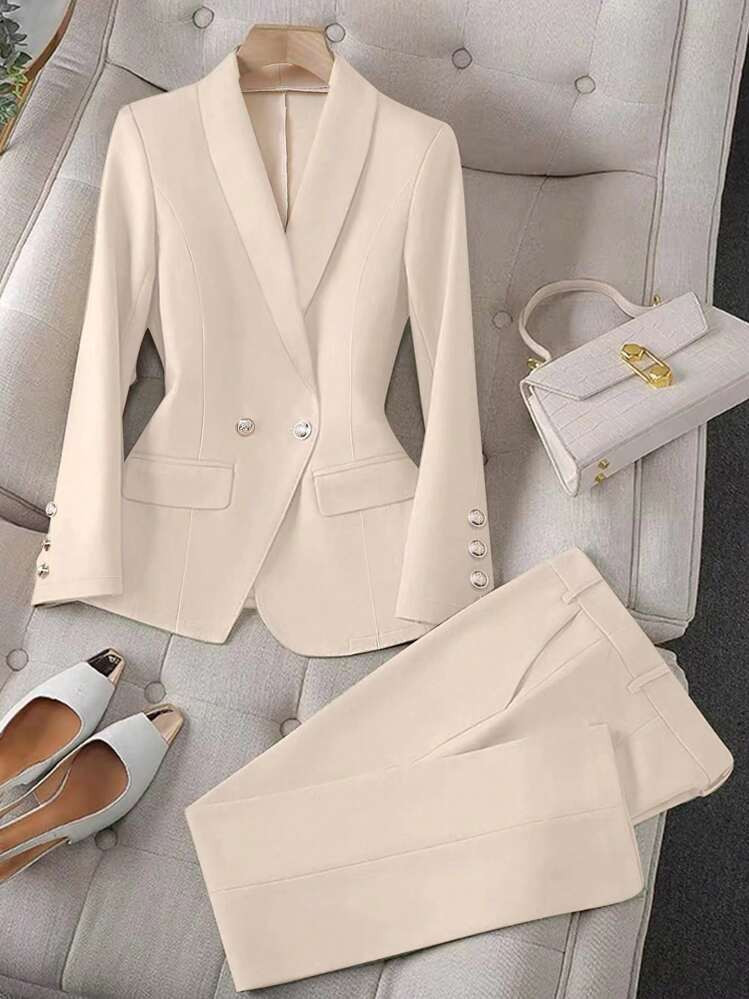 SHEIN Raffinéa Apricot Color Long Sleeve Lapel Women's Suit Jacket And Pants Set | SHEIN