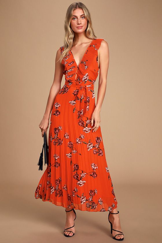 Loved By You Red Orange Floral Print Pleated Chiffon Maxi Dress | Lulus (US)