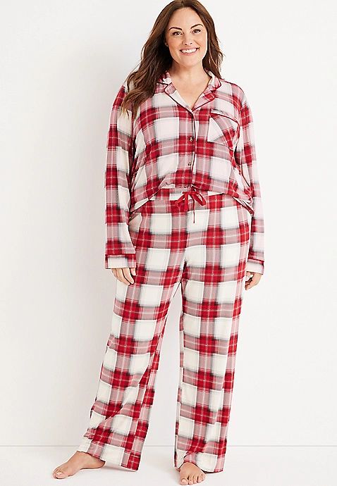 Holiday Plaid Button Down Top And Wide Leg Pajama Set | Maurices