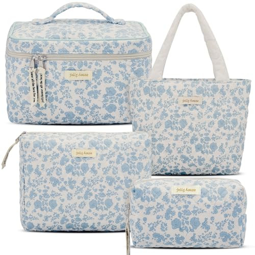 Silkfly 4 Pcs Cosmetic Bags Set Cotton Quilted Makeup Bag Portable Cute Floral Cosmetic Pouch Vintage Travel Coquette Aesthetic Small Tote Bags for Women Suitcase Accessories(Blue Flower) | Amazon (US)