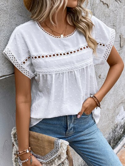 EMERY ROSE Swiss Dot Contrast Lace Batwing Sleeve Blouse | SHEIN