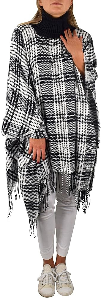 Peach Couture Turtle Neck Checkered Winter Poncho Sweater Pullovers with Fringes | Amazon (US)