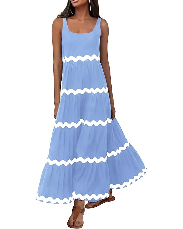 PRETTYGARDEN Women's 2024 Summer Sundresses Sleeveless Scoop Neck Tiered Flowy Beach Vacation Par... | Amazon (US)