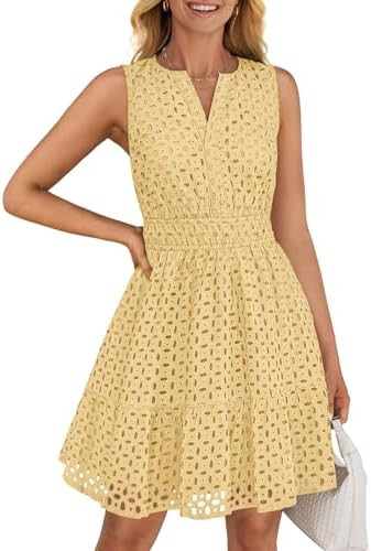 ZESICA Women's Summer Sleeveless Mini Dresses 2026 Spring V Neck Hollow Out Eyelet Flowy A Line B... | Amazon (US)