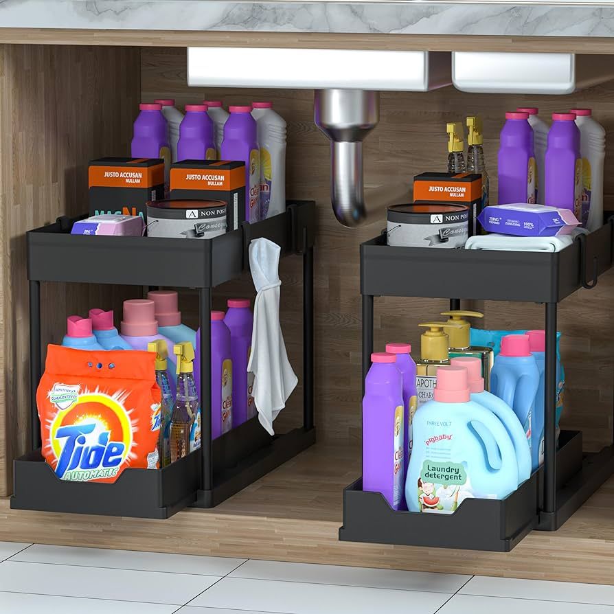 2 Pack Under Sink Organizer, 2 Tier Bathroom Cabinet Organizer with Sliding Basket, Multi-Purpose... | Amazon (US)