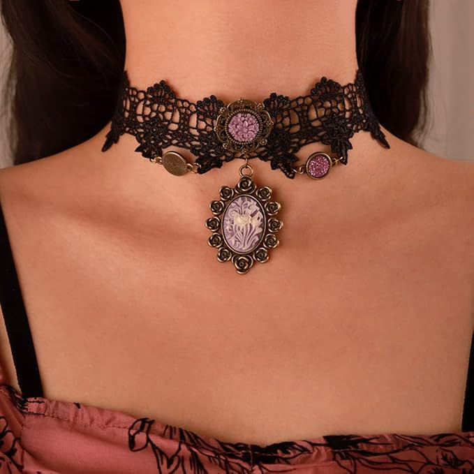 Wiwpar Elegant Goth Gothic Steampunk Black Lace Purple Cameo Flower Pendent Victorian Lace Tattoo... | Amazon (US)