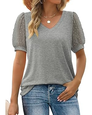 Aokosor Womens Summer Tops V Neck T Shirts Swiss Dot Puff Sleeve Tops Loose Casual Tshirts | Amazon (US)