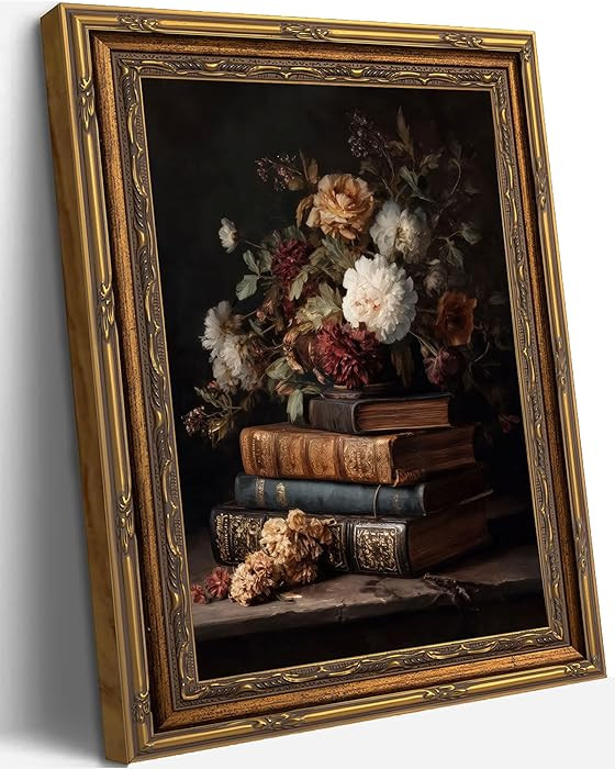 Vintage Gold Framed Wall Art Moody Flower Books Still Life Painting Rustic Antique Posters Victor... | Amazon (US)