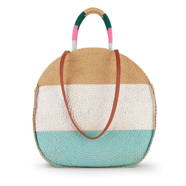 Time and Tru Women's Striped Straw Circle Tote Bag with Inner Slip Pocket Mint Multi - Walmart.co... | Walmart (US)