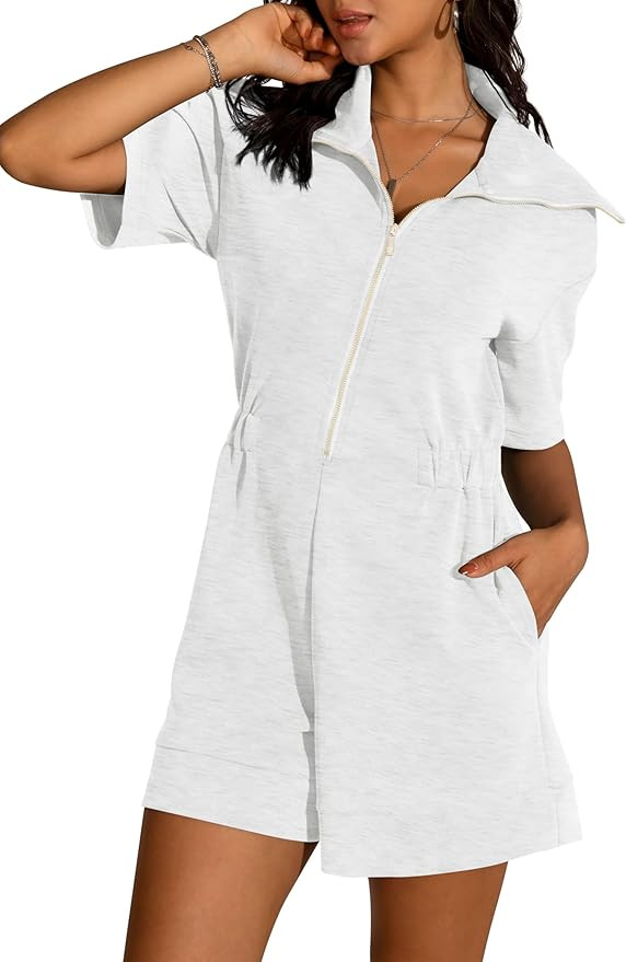 Womens Summer Short Sleeve Rompers Loose Half Zip One Piece Short Overalls Jumpsuit with Pockets | Amazon (US)