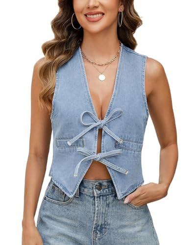 Ladyful Women's Denim Vest Top V Neck Bow Tie Front Jean Vest Sleeveless Lightweight Summer Sexy Waistcoat Tank Top | Amazon (US)