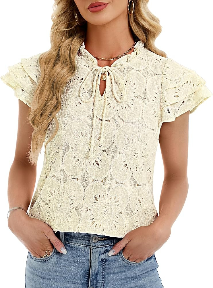 Funlingo Womens Summer Eyelet Tops Dressy Casual Ruffle Cap Sleeve Blouses Hollow Out Crochet Lac... | Amazon (US)