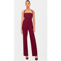Burgundy Stretch Woven Thick Halterneck Strap Straight Leg Jumpsuit | PrettyLittleThing US