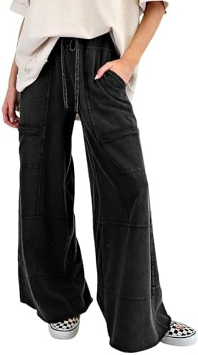 SELINK Casual Pants for Women Mineral Wash Lace-up Elastic High Waist Raw Hem Patched Pocket Soli... | Amazon (US)
