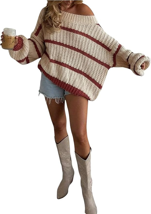 Verdusa Women‘s Off The Shoulder Sweater Striped Color Block Chunky Oversized Cozy Sweaters Win... | Amazon (US)