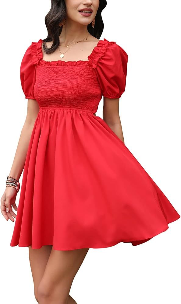 Byinns Womens Square Neck Tie Back Ruffle Off Shoulder Dress Summer Smocked A-Line Flowy Casual Mini | Amazon (US)