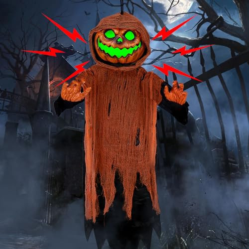 DULEFUN Halloween Hanging Decorations Outdoor 48.5" Animated Pumpkin Ghost with Spooky Sound and Glowing Eyes, Scary Animatronics Prop for Halloween Indoor Yard Haunted House Decor | Amazon (US)