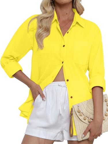 Yellow Shirt for Woman Button Down Shirts Women Long Sleeve Linen Cotton Blouses Tops Womens Flowy Going Out Outfits Blouse Dressy Casual Oversized Collared Office Trendy top Mustard Yellow Size XS | Amazon (US)