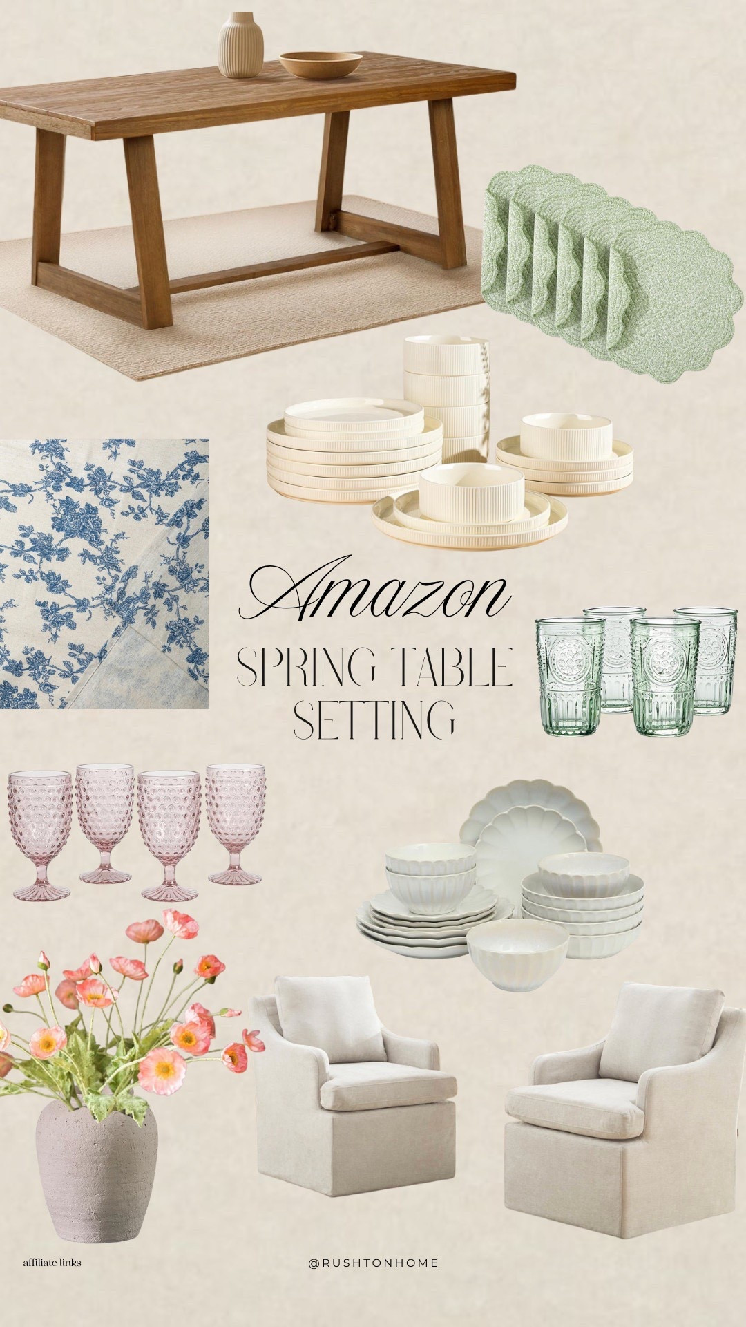 Amazon table setting decor, spring table setting ideas, amazon dinnerware set, neutral dinnerware amazon, spring tablescape ideas, glassware amazon, cloth napkins amazon, hosting essentials amazon, modern table decor, spring entertaining decor, amazon dining room finds 

#LTKSeasonal #LTKHome