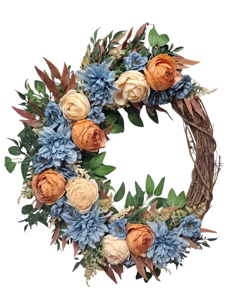 Dusty Blue Rust Orange Floral Grapevine Wreath, Moody Autumn Door Decor - Etsy | Etsy (Global)